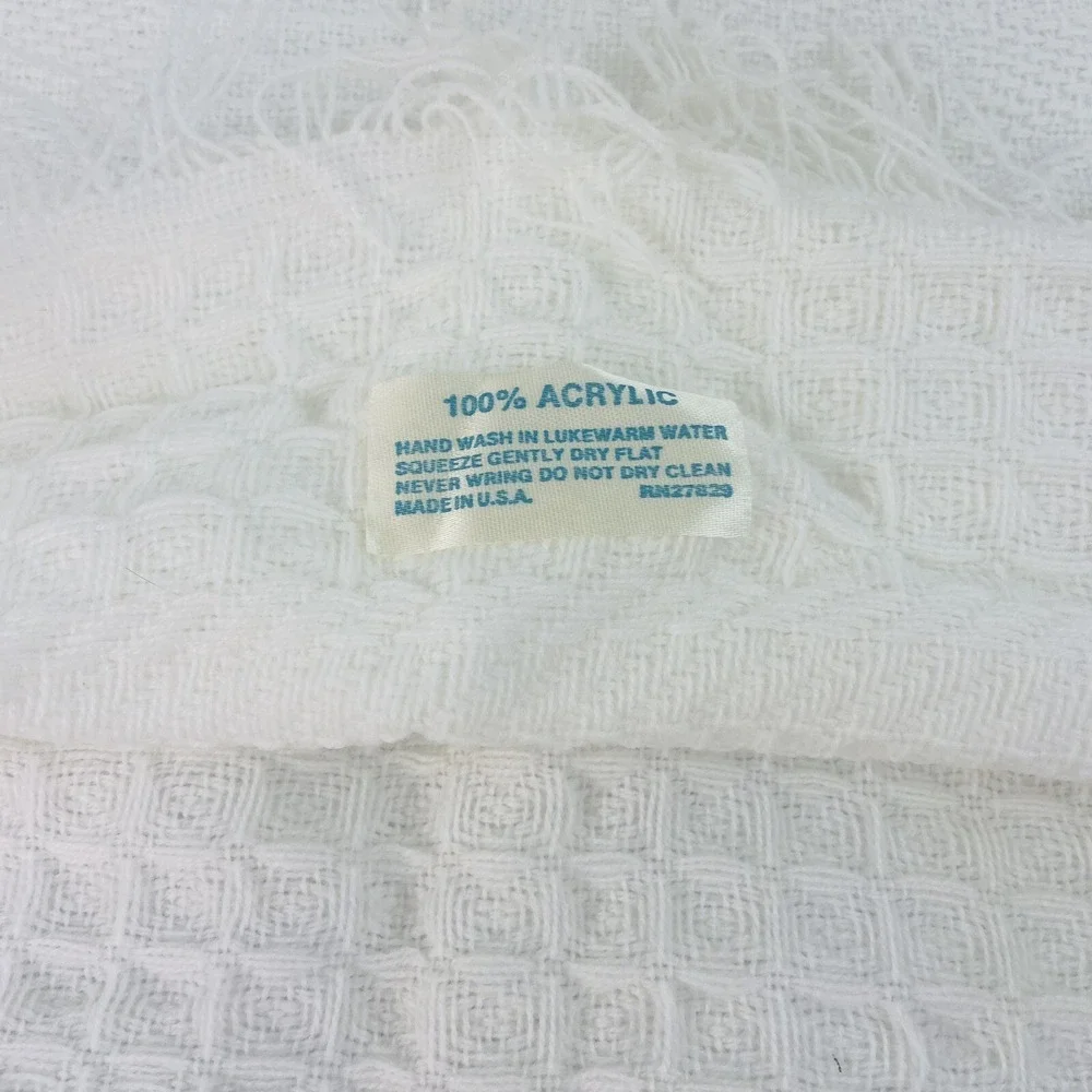 Vintage Baby Blanket Crib Receiving Textured White Woven Fringe 39